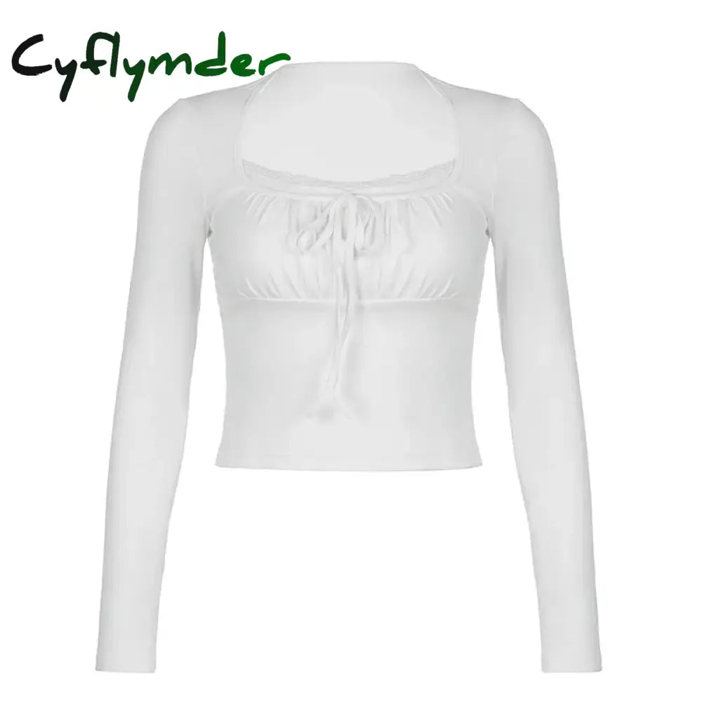 Cyflymder Preppy Cute Lace Trim Ruched Tie Up T-Shirt Fairycore Vintage Grunge Long Sleeve Tees