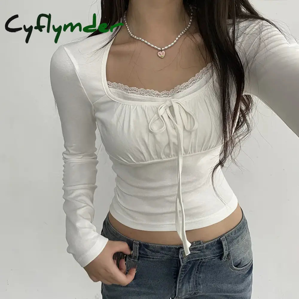 Cyflymder Preppy Cute Lace Trim Ruched Tie Up T-Shirt Fairycore Vintage Grunge Long Sleeve Tees