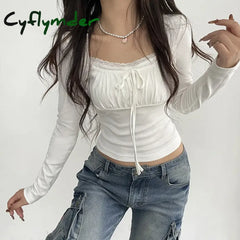 Cyflymder Preppy Cute Lace Trim Ruched Tie Up T-Shirt Fairycore Vintage Grunge Long Sleeve Tees