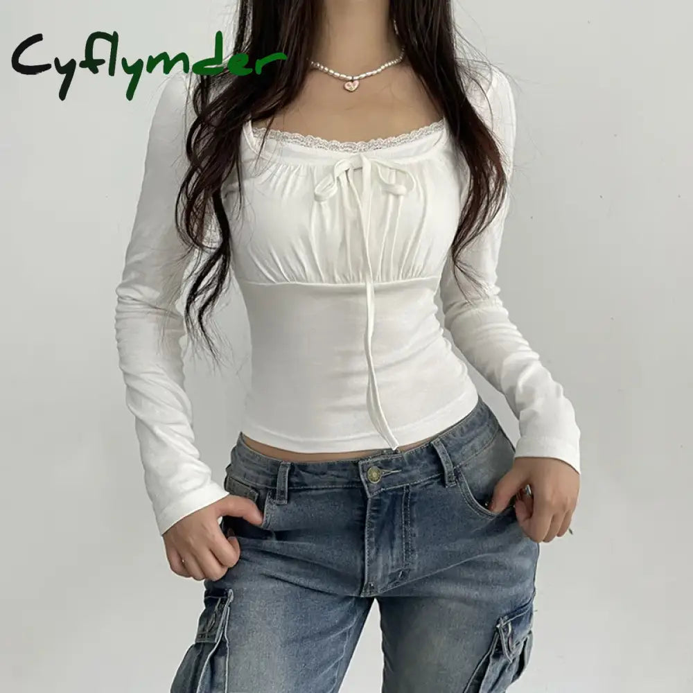 Cyflymder Preppy Cute Lace Trim Ruched Tie Up T-Shirt Fairycore Vintage Grunge Long Sleeve Tees