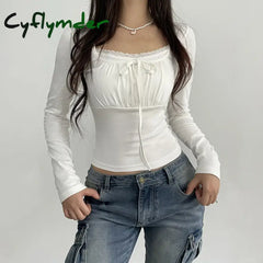Cyflymder Preppy Cute Lace Trim Ruched Tie Up T-Shirt Fairycore Vintage Grunge Long Sleeve Tees