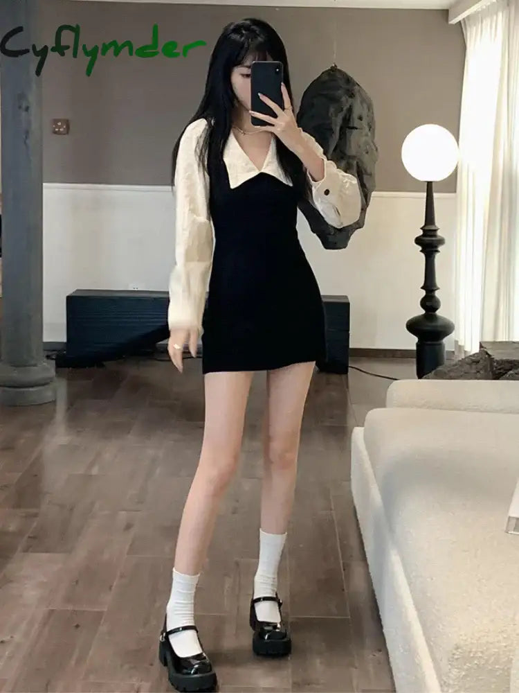 Cyflymder Preppy Long Sleeve Mini Dresses for Women Korean Fashion Style Cute Sexy Peter Pan Collar A-line Fake 2 Pcs
