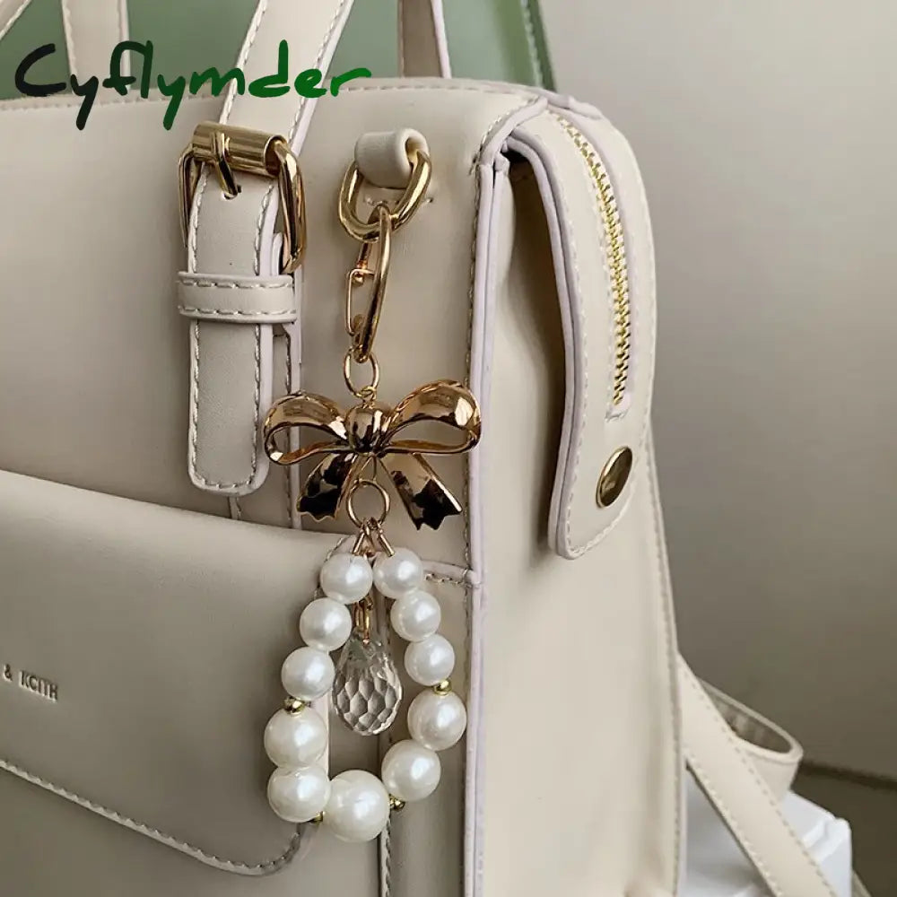 Cyflymder Preppy Style Bow Faux Pearl Beaded Decor High Quality Women’s Backpacks Pu Leather