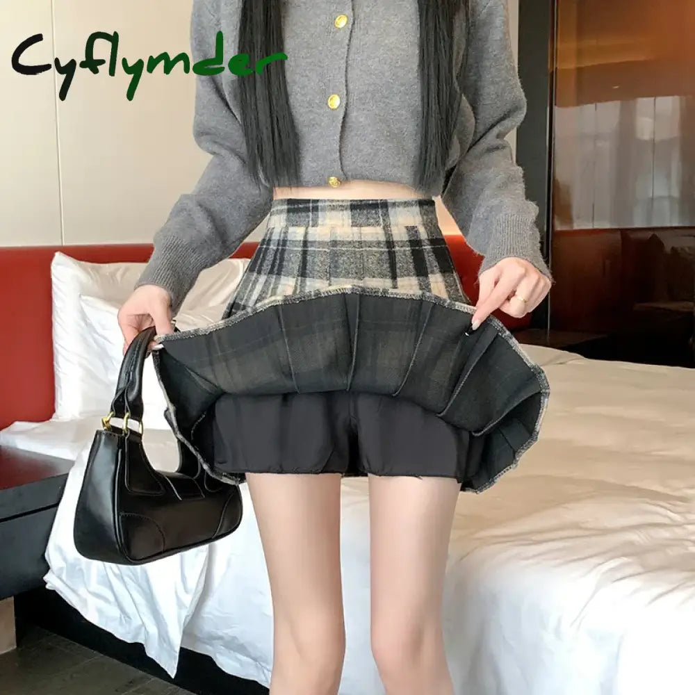 Cyflymder Preppy Style Winter Plaid Vintage Pleated Mini Wool Skirt For Women High Waist Thicken Casual School Cute