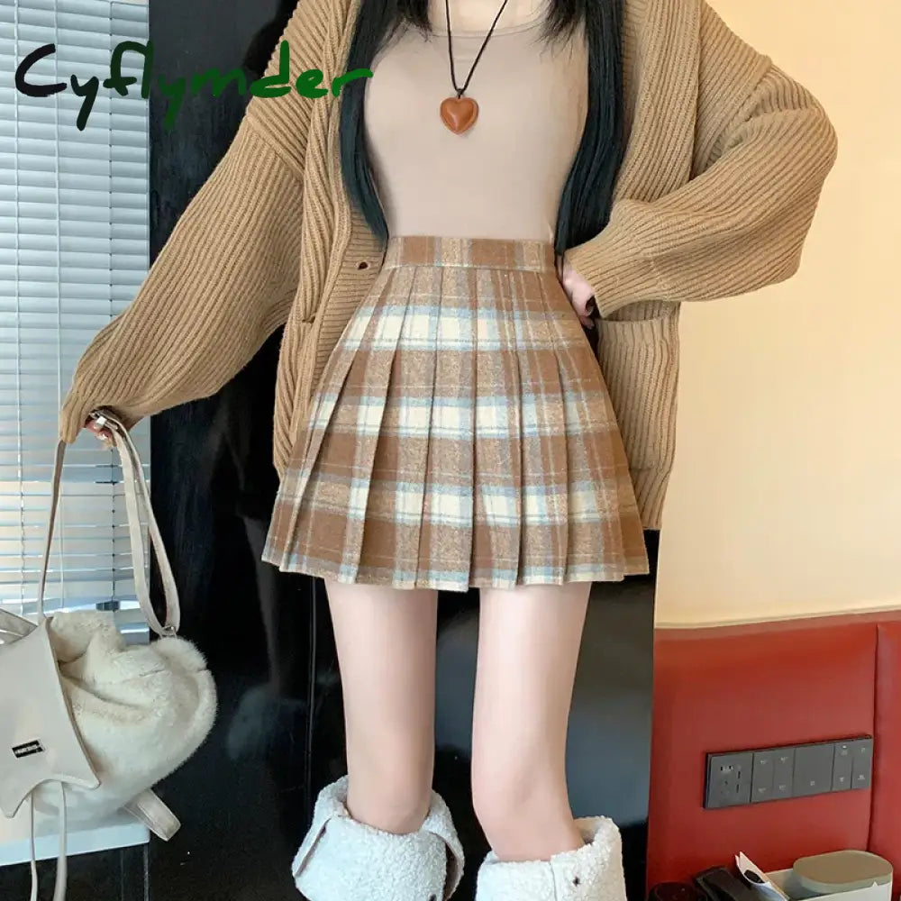 Cyflymder Preppy Style Winter Plaid Vintage Pleated Mini Wool Skirt For Women High Waist Thicken Casual School Cute