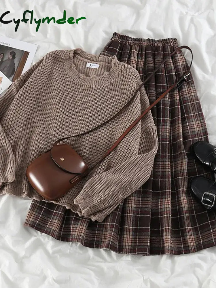 Cyflymder Preppy Vintage Sweater Two-piece Set Women’s Loose Knit Pullover Autumn High Waist Coffee Plaid Skirt Gentle