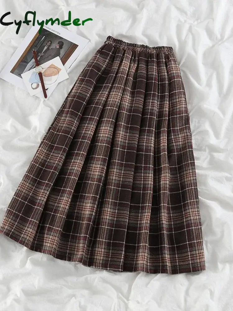 Cyflymder Preppy Vintage Sweater Two-piece Set Women’s Loose Knit Pullover Autumn High Waist Coffee Plaid Skirt Gentle