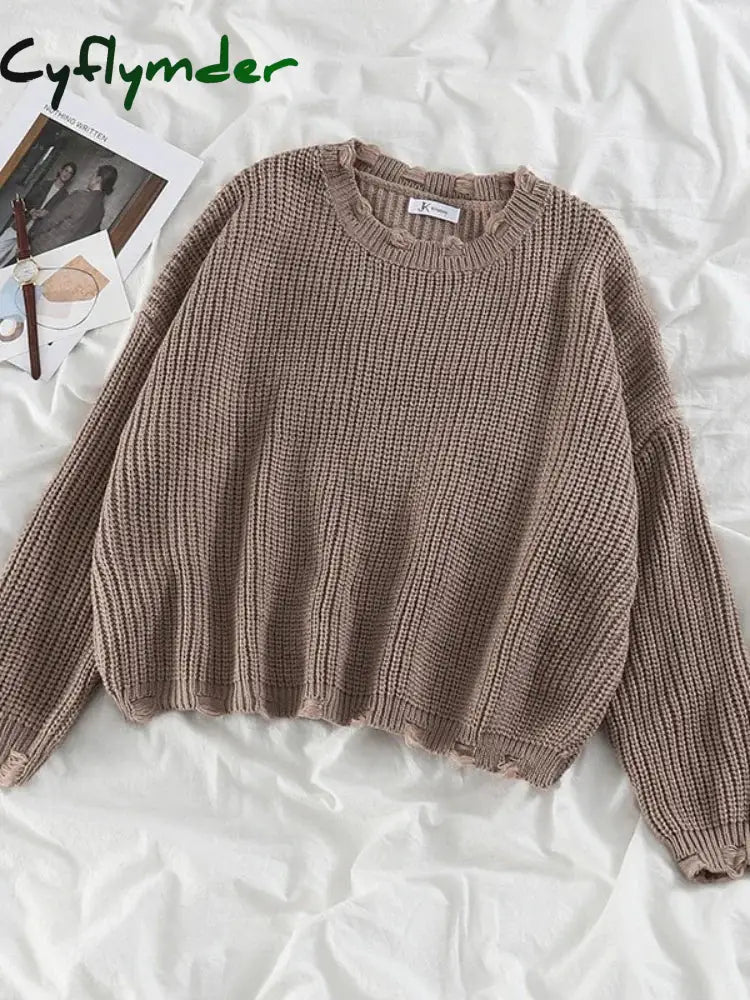 Cyflymder Preppy Vintage Sweater Two-piece Set Women’s Loose Knit Pullover Autumn High Waist Coffee Plaid Skirt Gentle