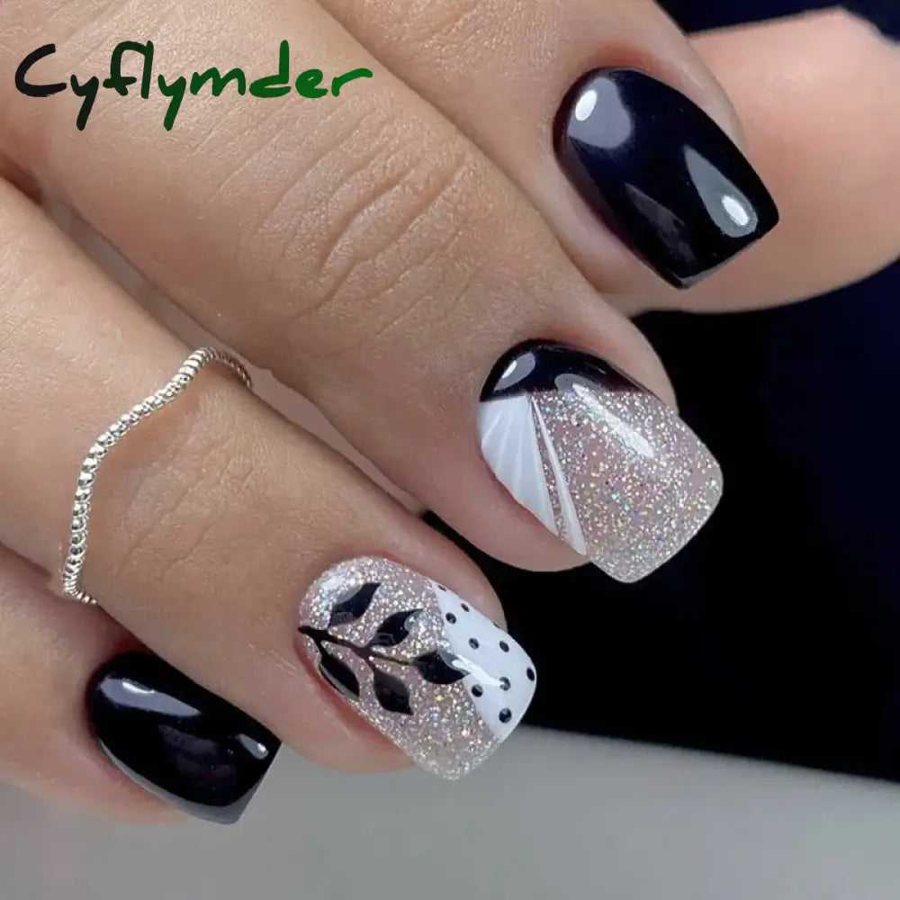 Cyflymder Press On Nails Black Butterfly French Fake Rhinestone False Nail Patch Short Ballet Full