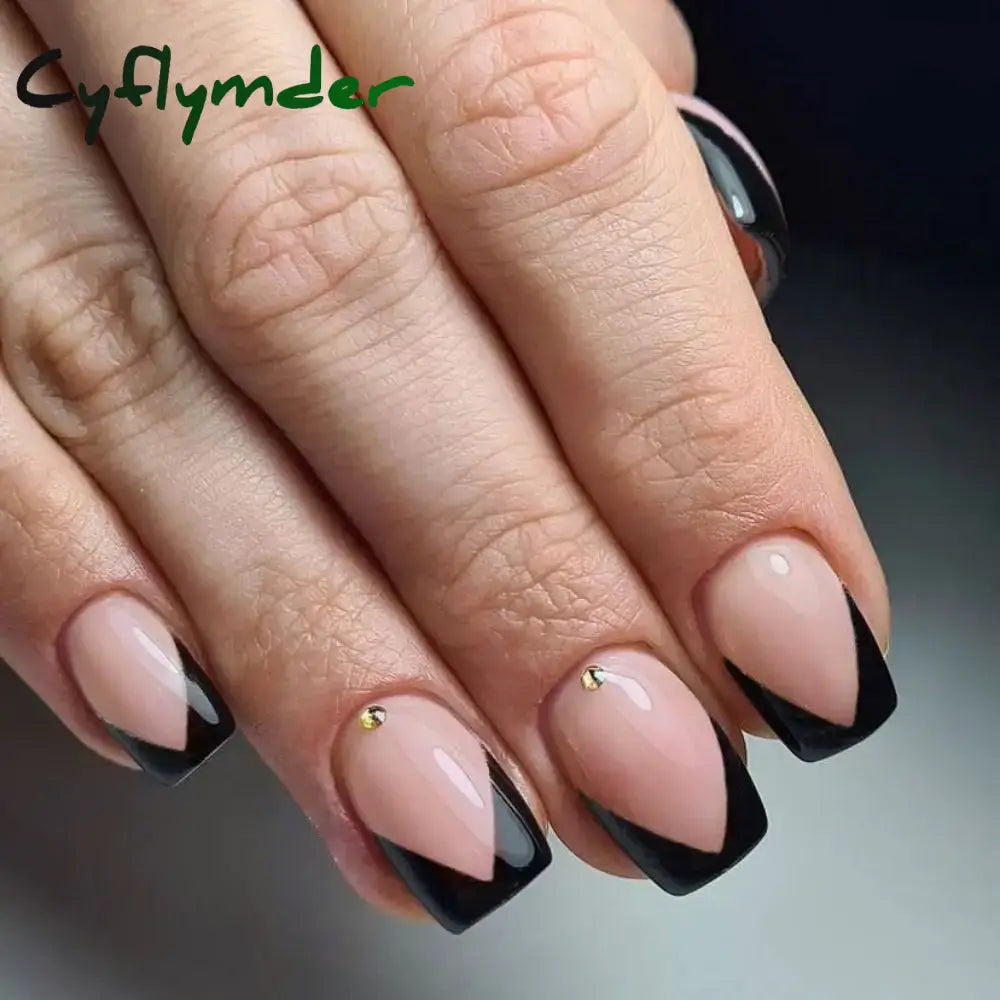 Cyflymder Press On Nails Black Butterfly French Fake Rhinestone False Nail Patch Short Ballet Full