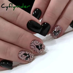 Cyflymder Press On Nails Black Butterfly French Fake Rhinestone False Nail Patch Short Ballet Full