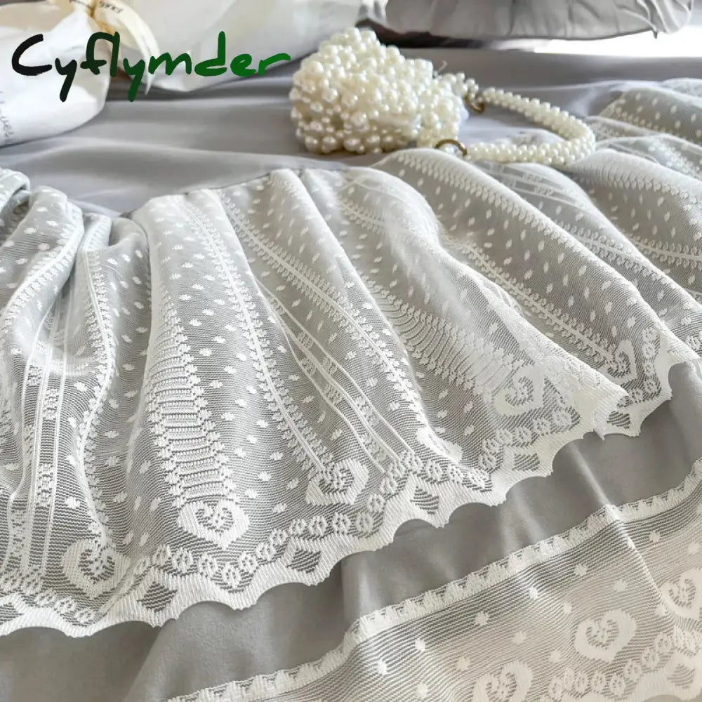 Cyflymder Princess Style Lace Bed Skirt + Pillowcases Bedding Bedspreads Sheet Pink Lace Bedding Set Solid color Bed