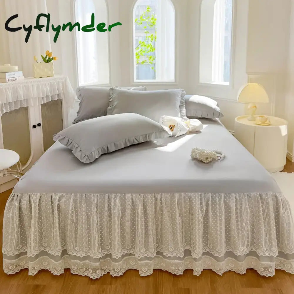 Cyflymder Princess Style Lace Bed Skirt + Pillowcases Bedding Bedspreads Sheet Pink Lace Bedding Set Solid color Bed