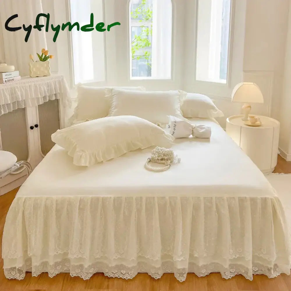 Cyflymder Princess Style Lace Bed Skirt + Pillowcases Bedding Bedspreads Sheet Pink Lace Bedding Set Solid color Bed