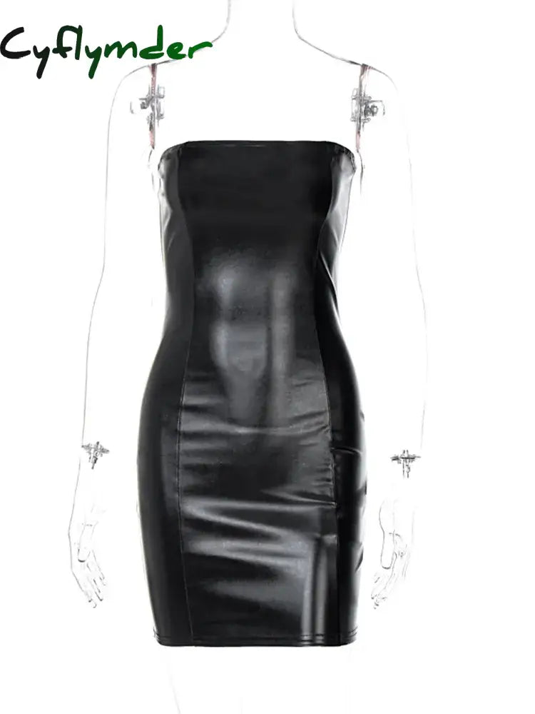 Cyflymder Pu Faux Leather Tube Mini Dress For Women Bodycon Sexy Streetwear Party Club Y2K Clothing