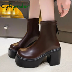 Cyflymder Pu Leather Chunky Platform Ankle Boots Women Back Zipper Thick Heeled Short Woman Super