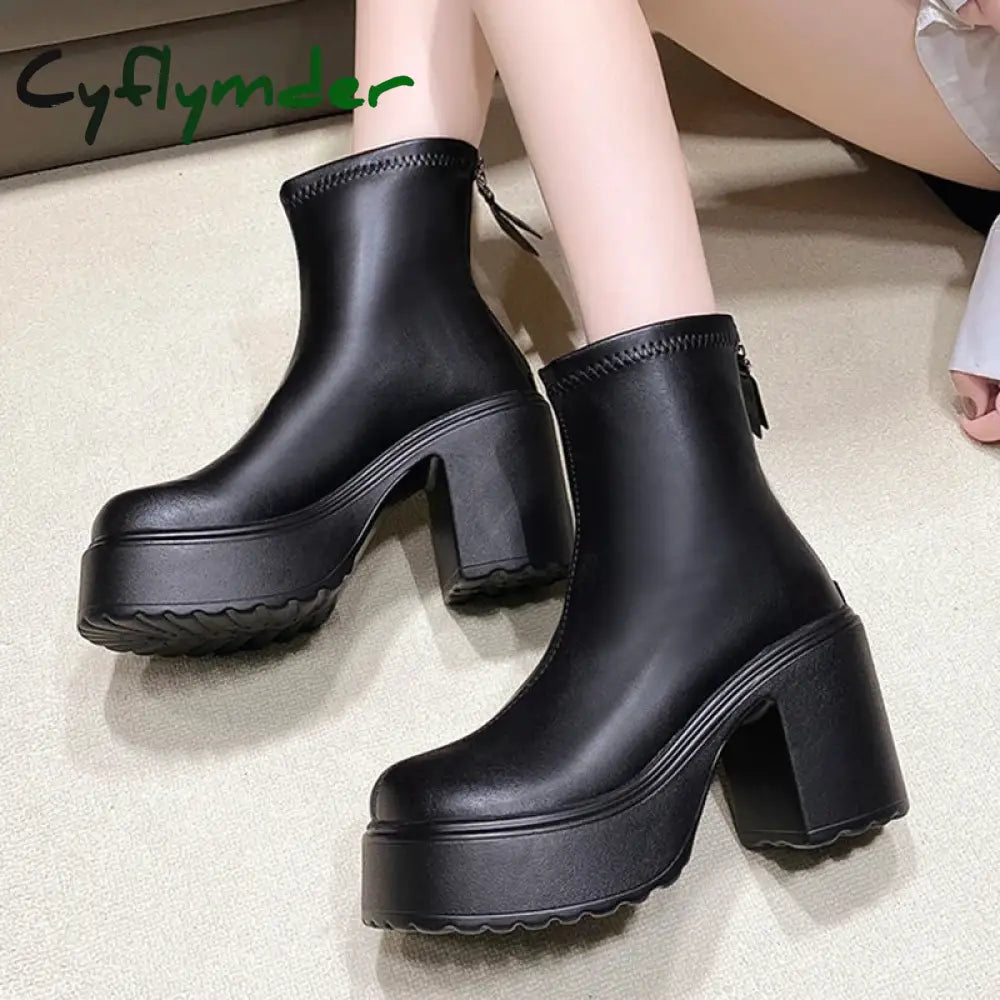 Cyflymder Pu Leather Chunky Platform Ankle Boots Women Back Zipper Thick Heeled Short Woman Super