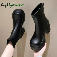 PU Leather Chunky Platform Ankle Boots Women Back Zipper Thick Heeled Short Boots Woman Super High Heels Black Punk Shoes Ladies