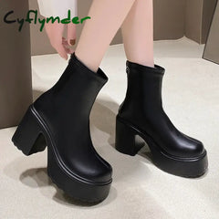 Cyflymder Pu Leather Chunky Platform Ankle Boots Women Back Zipper Thick Heeled Short Woman Super