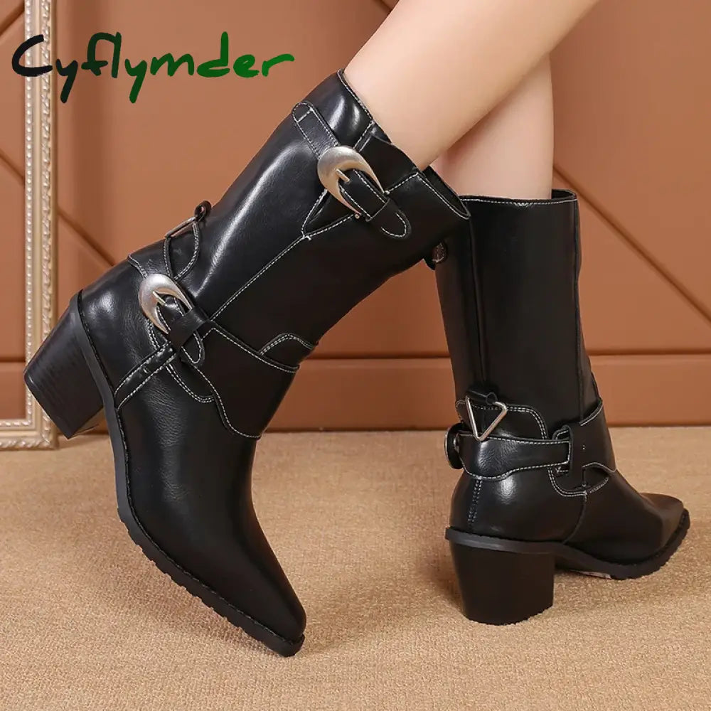 Cyflymder Pu Leather Double Metal Buckle Women Mid-Calf Boots Elegant Point Toe Modern Boots 2024 Winter New High Heel