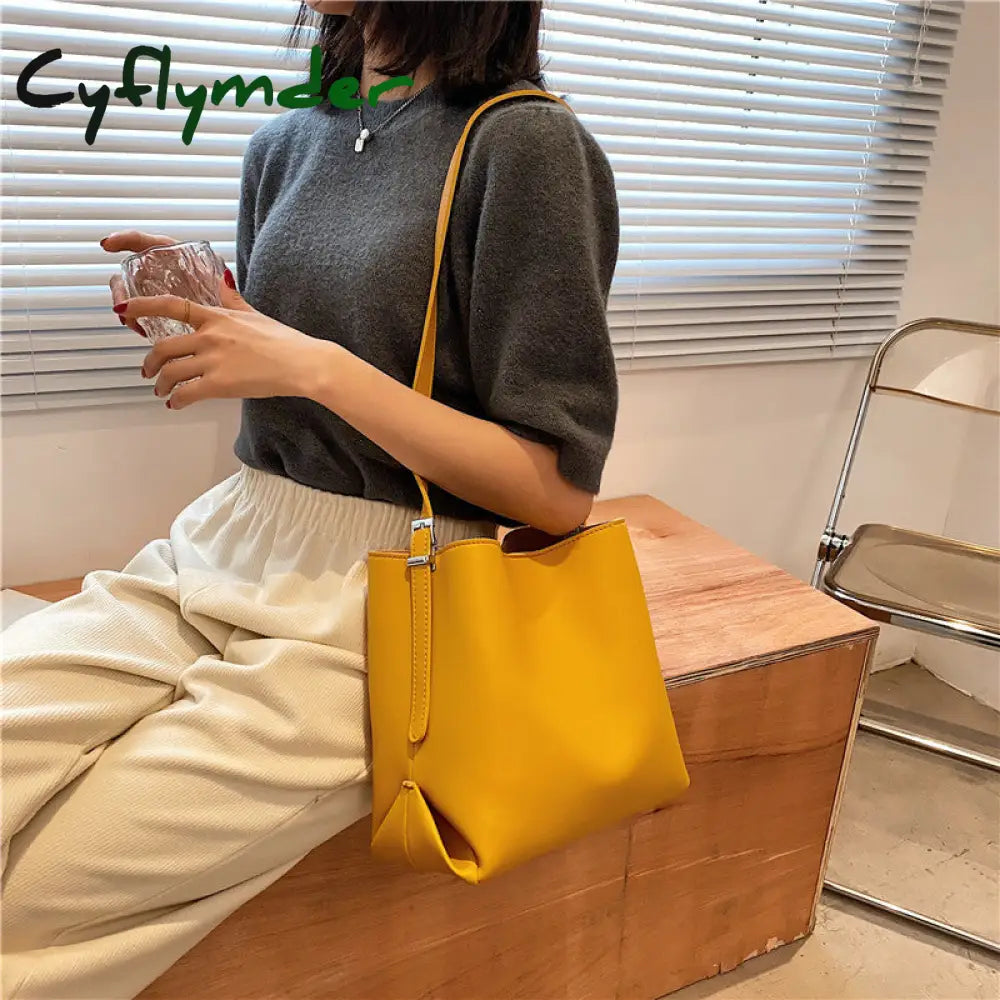 Cyflymder Pu Leather Women Bucket Shoulder Bag Brand Luxury Solid Color Ladies Handbags Casual