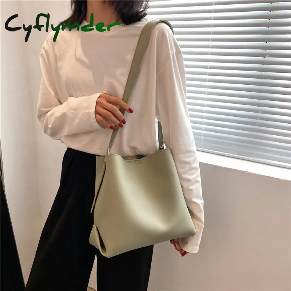 Cyflymder Pu Leather Women Bucket Shoulder Bag Brand Luxury Solid Color Ladies Handbags Casual