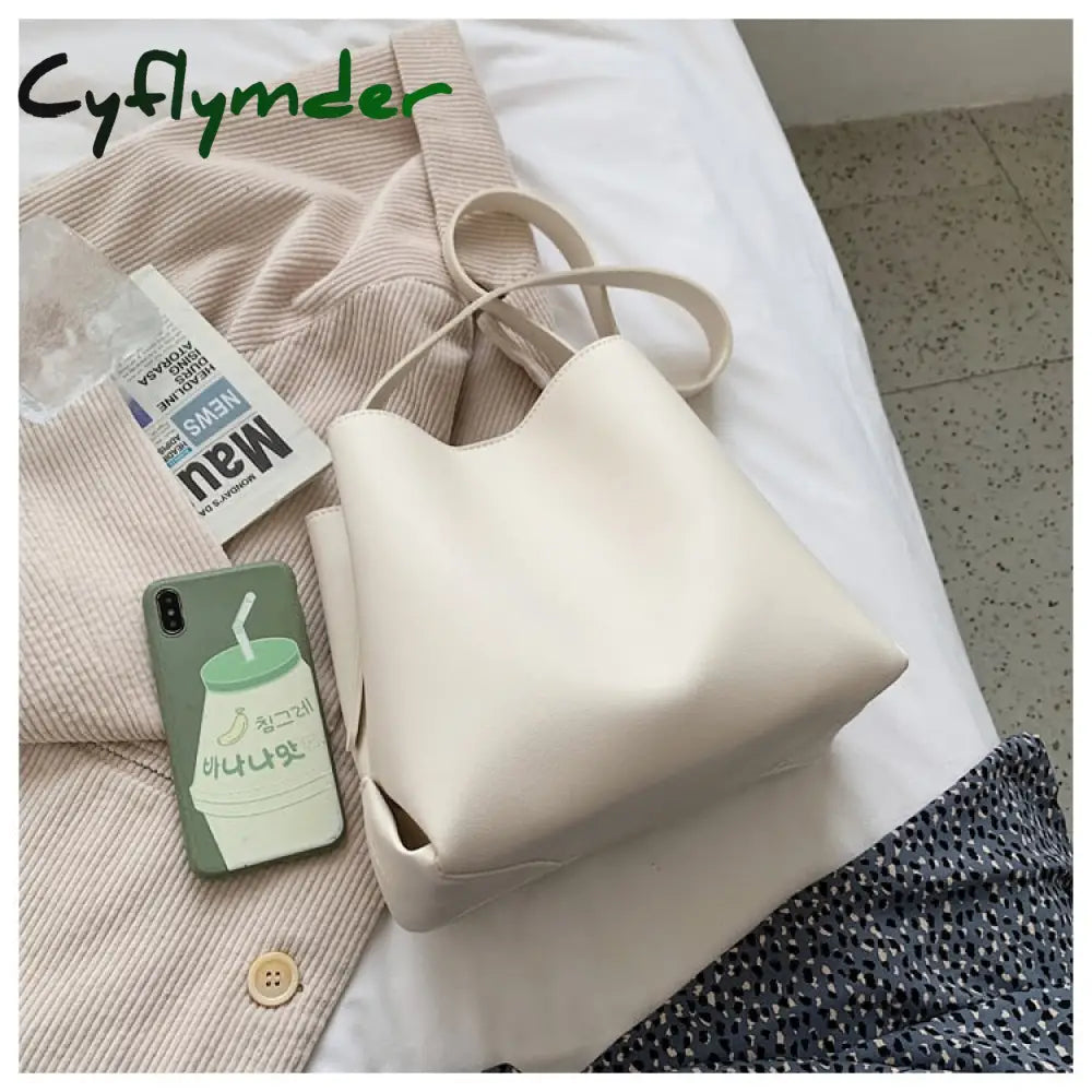 Cyflymder Pu Leather Women Bucket Shoulder Bag Brand Luxury Solid Color Ladies Handbags Casual