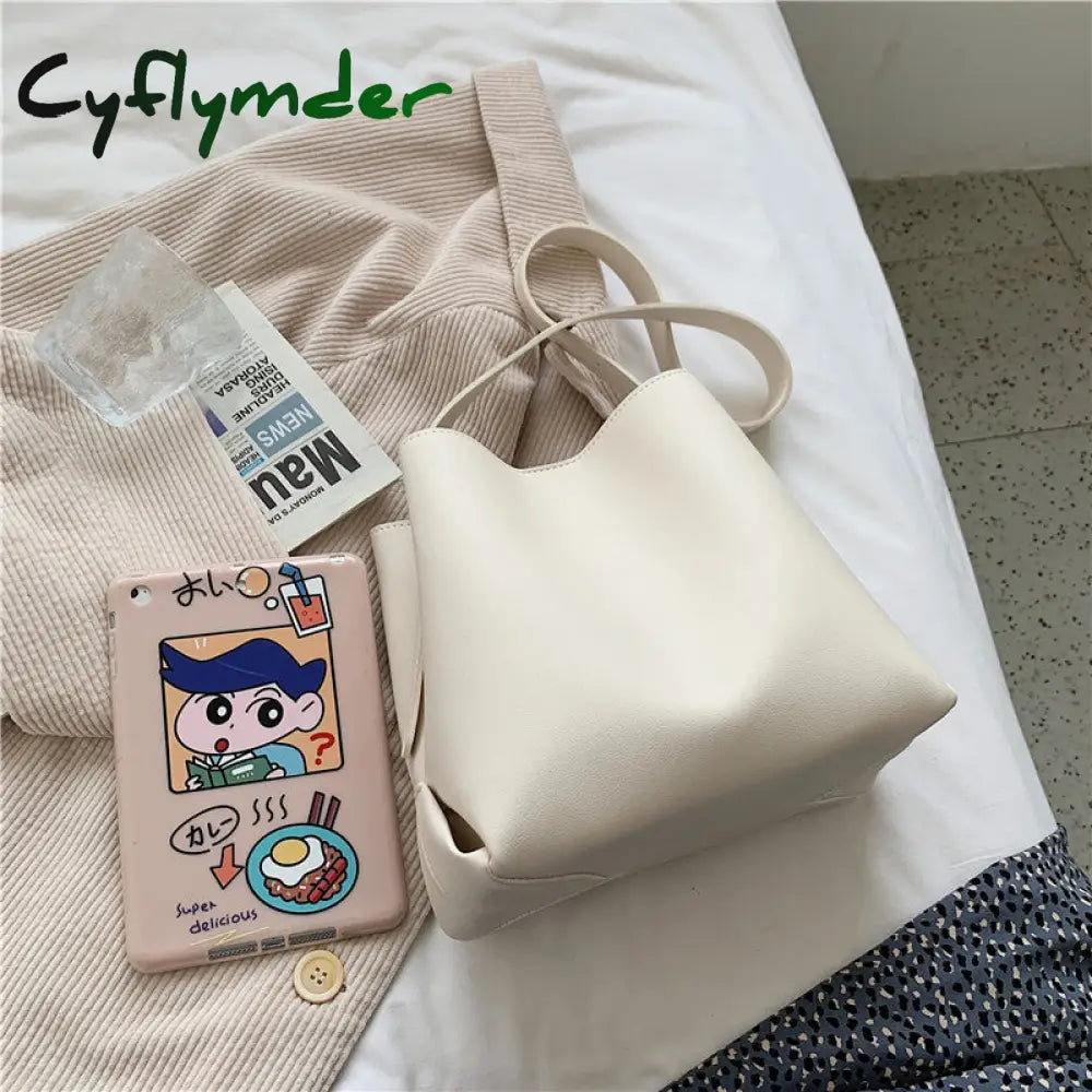 Cyflymder Pu Leather Women Bucket Shoulder Bag Brand Luxury Solid Color Ladies Handbags Casual