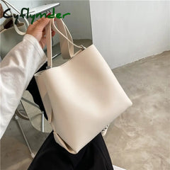 Cyflymder Pu Leather Women Bucket Shoulder Bag Brand Luxury Solid Color Ladies Handbags Casual