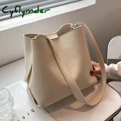 Cyflymder Pu Leather Women Bucket Shoulder Bag Brand Luxury Solid Color Ladies Handbags Casual