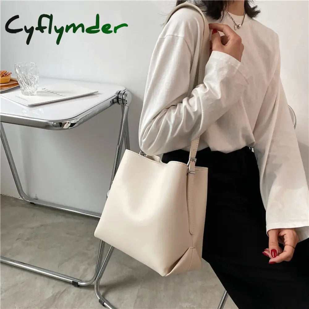 Cyflymder Pu Leather Women Bucket Shoulder Bag Brand Luxury Solid Color Ladies Handbags Casual