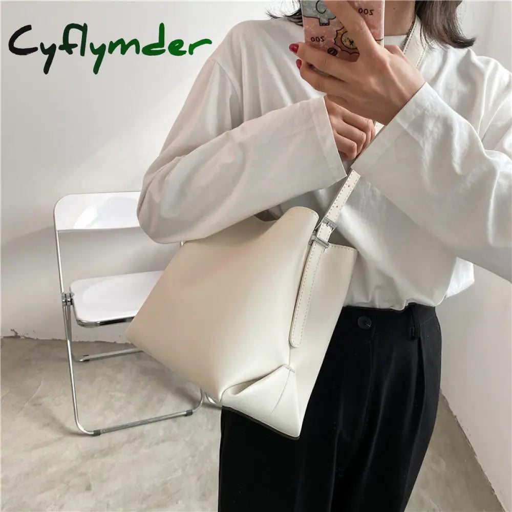 Cyflymder Pu Leather Women Bucket Shoulder Bag Brand Luxury Solid Color Ladies Handbags Casual