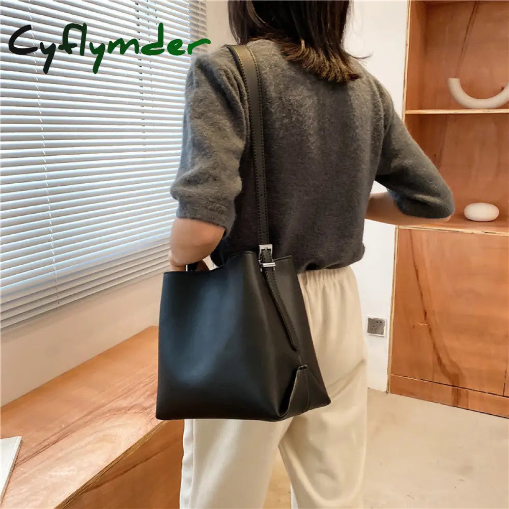 Cyflymder Pu Leather Women Bucket Shoulder Bag Brand Luxury Solid Color Ladies Handbags Casual