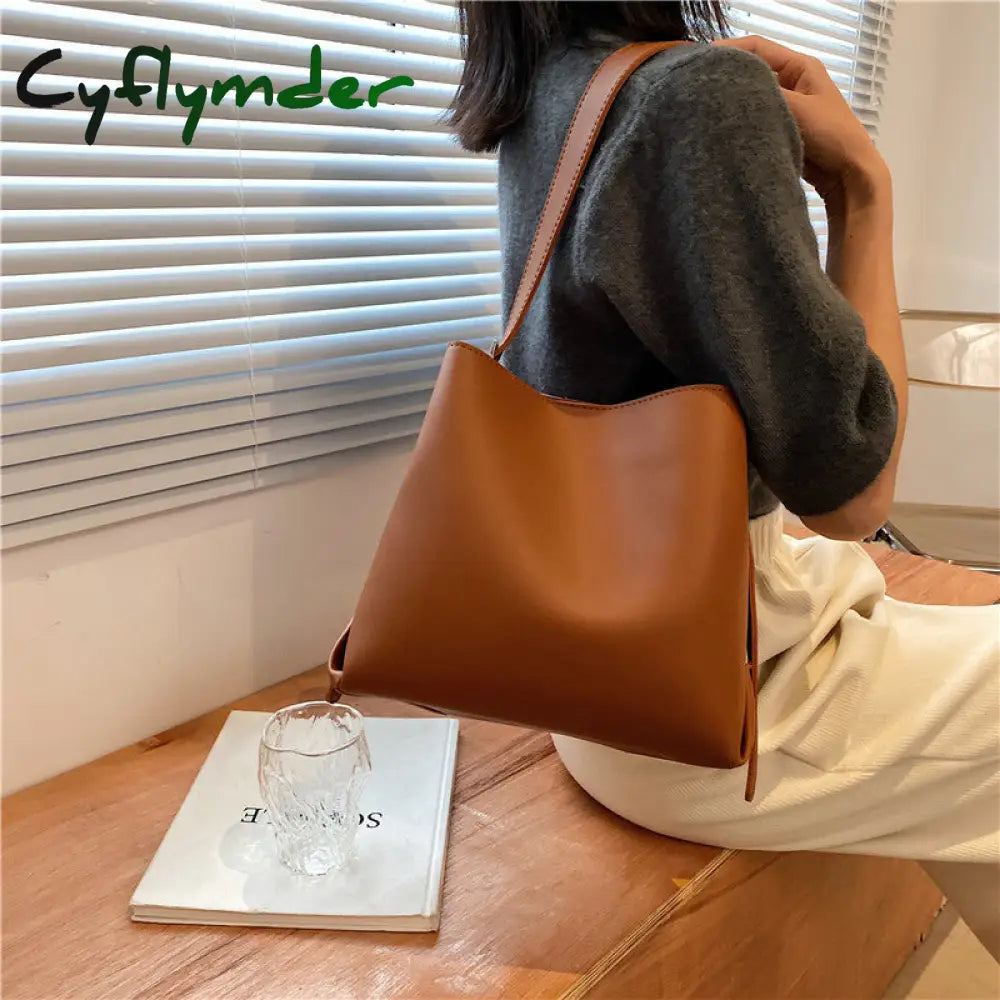 Cyflymder Pu Leather Women Bucket Shoulder Bag Brand Luxury Solid Color Ladies Handbags Casual