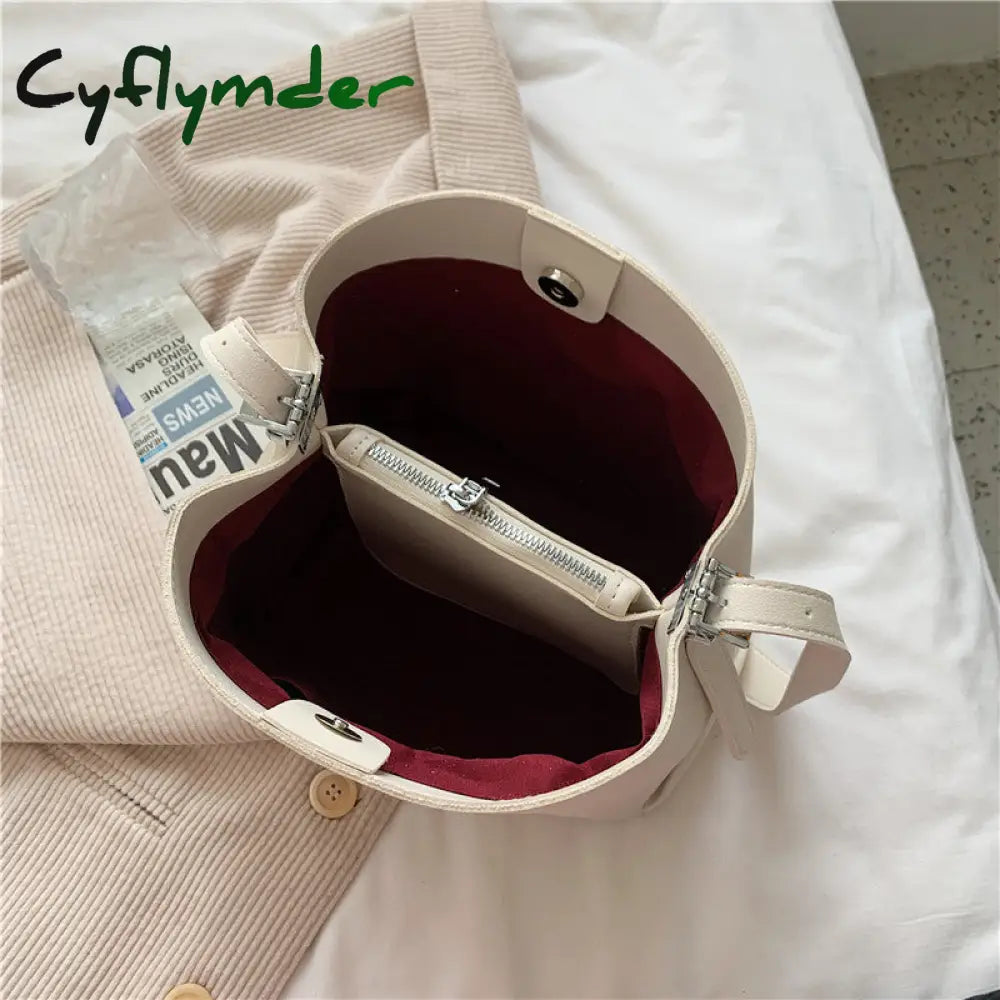 Cyflymder Pu Leather Women Bucket Shoulder Bag Brand Luxury Solid Color Ladies Handbags Casual