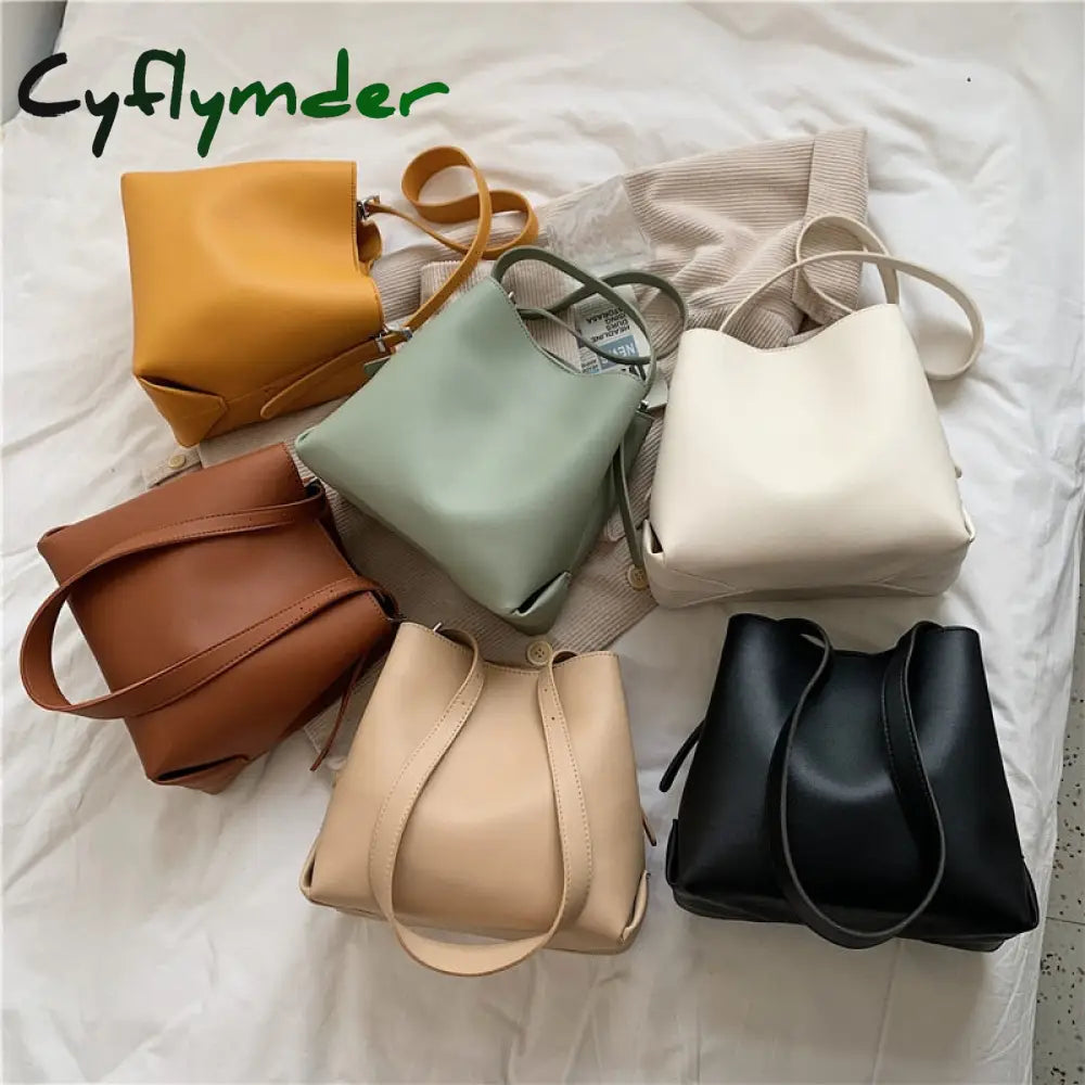 Cyflymder Pu Leather Women Bucket Shoulder Bag Brand Luxury Solid Color Ladies Handbags Casual