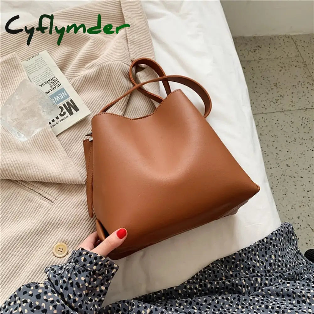 Cyflymder Pu Leather Women Bucket Shoulder Bag Brand Luxury Solid Color Ladies Handbags Casual