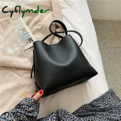 Cyflymder Pu Leather Women Bucket Shoulder Bag Brand Luxury Solid Color Ladies Handbags Casual