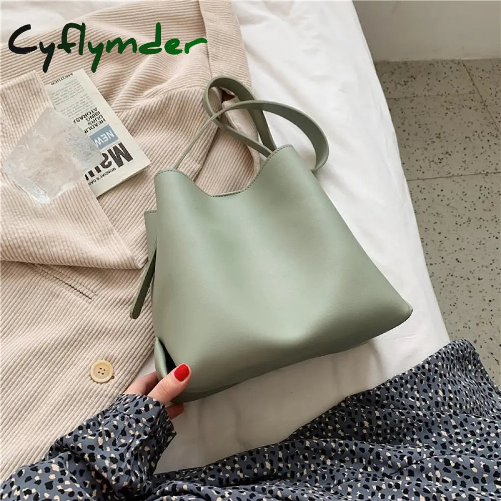 Cyflymder Pu Leather Women Bucket Shoulder Bag Brand Luxury Solid Color Ladies Handbags Casual