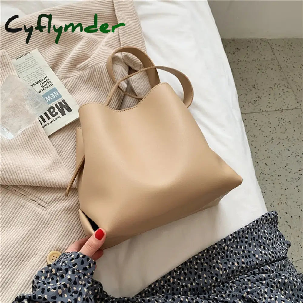 Cyflymder Pu Leather Women Bucket Shoulder Bag Brand Luxury Solid Color Ladies Handbags Casual