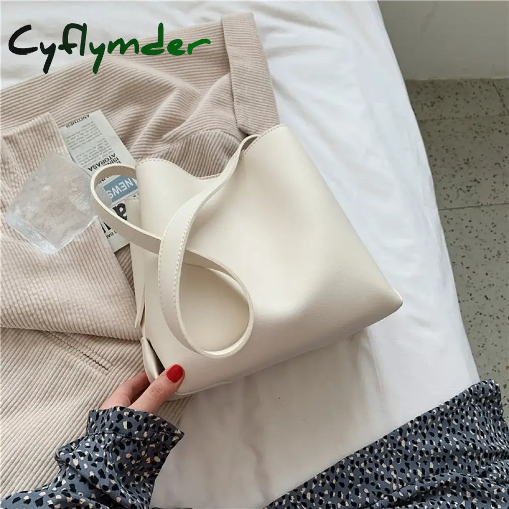 Cyflymder Pu Leather Women Bucket Shoulder Bag Brand Luxury Solid Color Ladies Handbags Casual