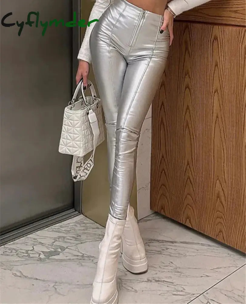 Cyflymder PU Leather Zipper Fly Pencil Pants Women Skinny Elegance High Waist Sexy Athleisure Hipster Slim Trousers