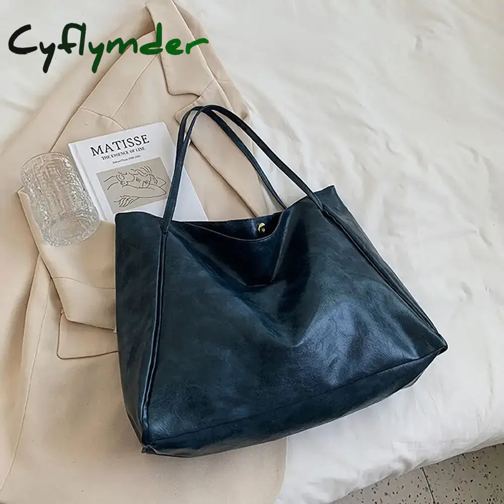 Cyflymder PU Tote Bag Trendy Large Capacity All-match Shoppoing Bag Commuting Bag Daily Life BLACK