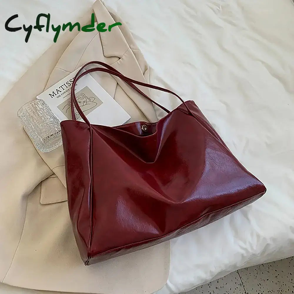 Cyflymder PU Tote Bag Trendy Large Capacity All-match Shoppoing Bag Commuting Bag Daily Life BLACK