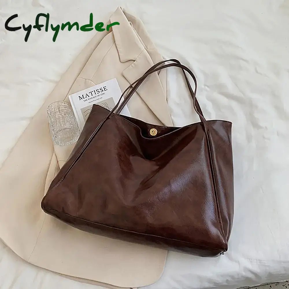 Cyflymder PU Tote Bag Trendy Large Capacity All-match Shoppoing Bag Commuting Bag Daily Life BLACK