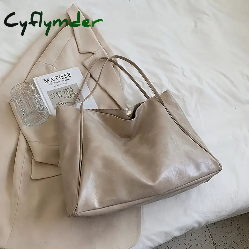 Cyflymder PU Tote Bag Trendy Large Capacity All-match Shoppoing Bag Commuting Bag Daily Life BLACK