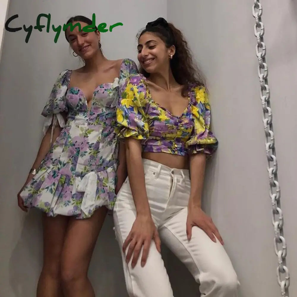 Cyflymder Puff Short Sleeve Boho Mini Dresses For Women Summer Fashion V-Neck Print Wedding Evening