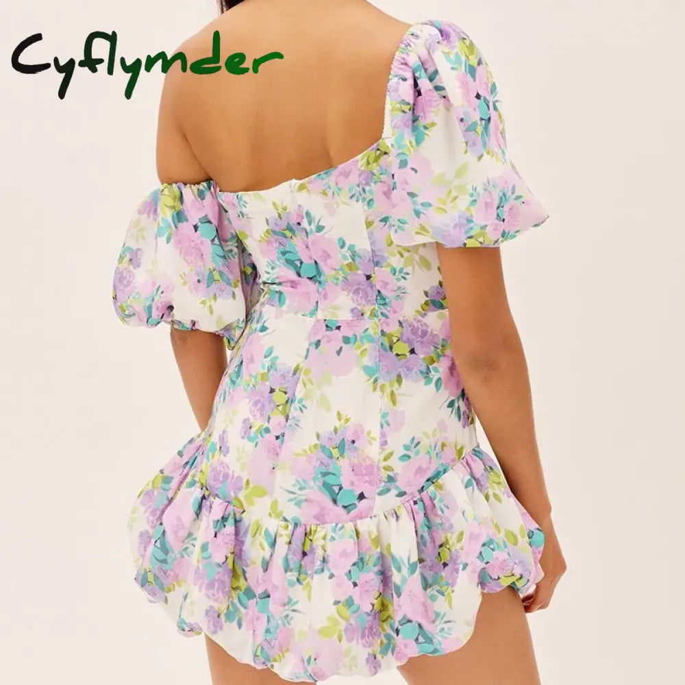 Cyflymder Puff Short Sleeve Boho Mini Dresses For Women Summer Fashion V-Neck Print Wedding Evening