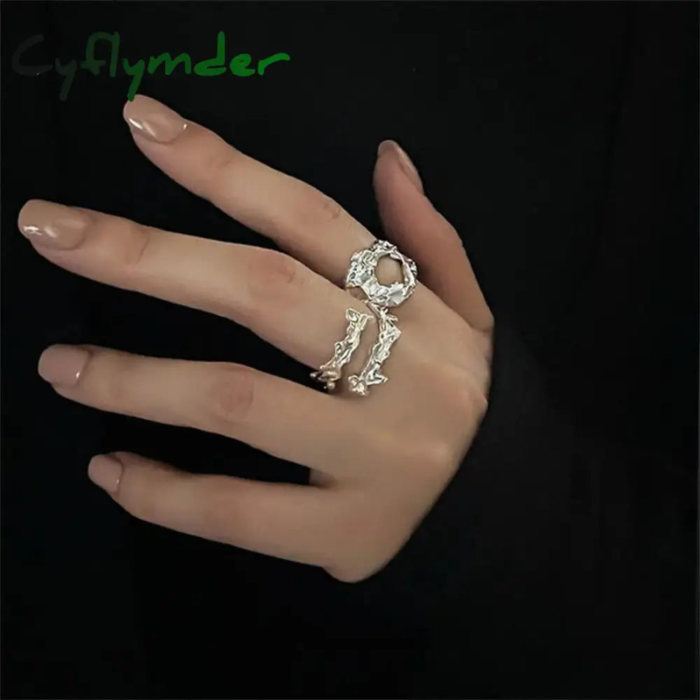 Cyflymder Punk Geometric Irregular Liquid Lava Waterdrop Shaped Open Rings For Women Vintage Silver