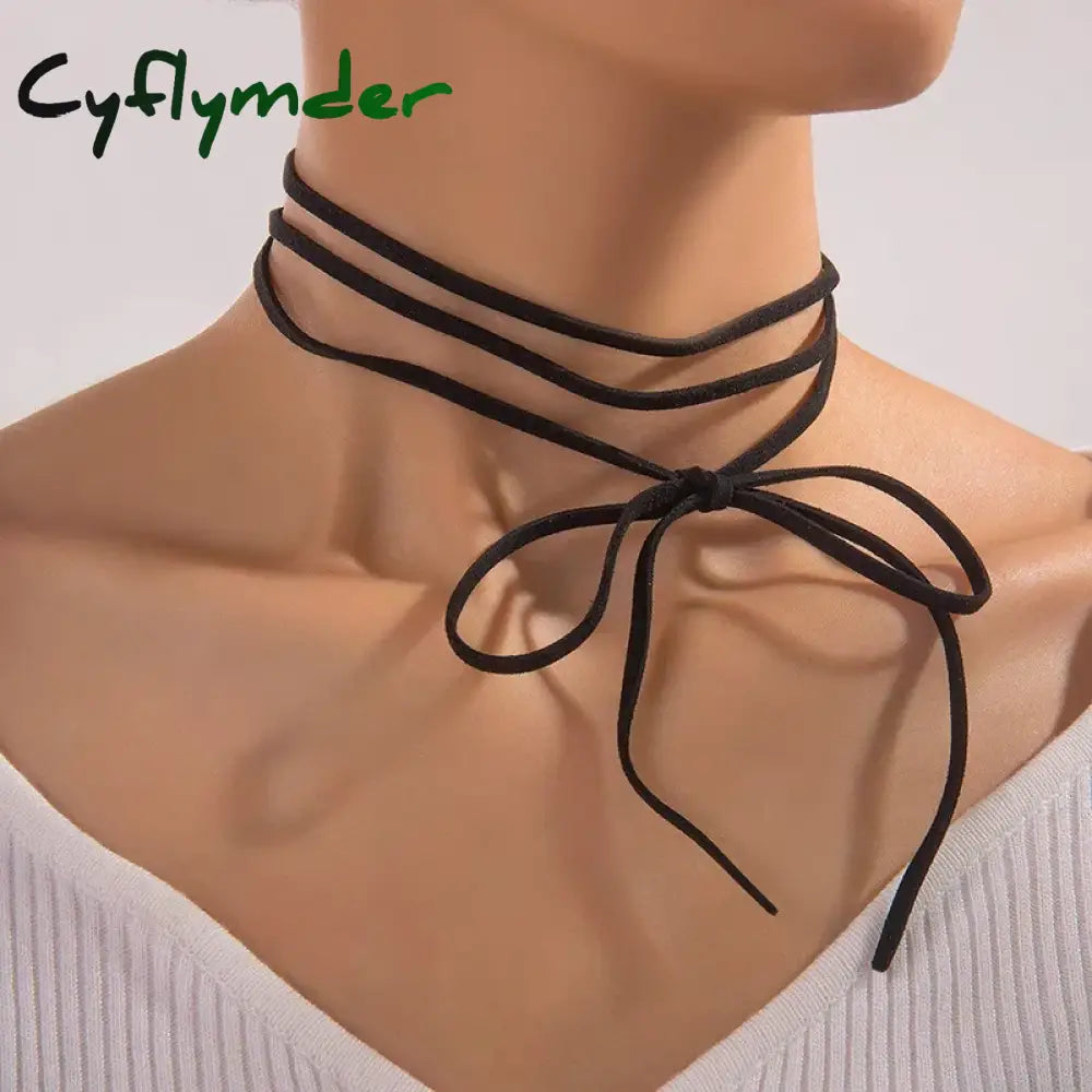 Punk Goth Black Velvet Big Bowknot Pendant Chokers Necklace for Women 145cm Weave Knotted Bow Adjustable Chain New Year Jewelry